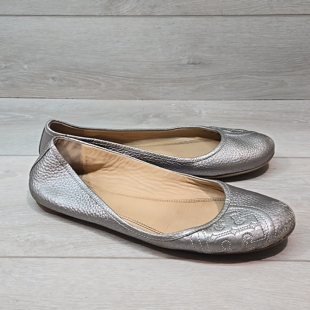 Tory Burch Womens Ruby Pewter silver Logo Flats Ballet shoes sz 9M